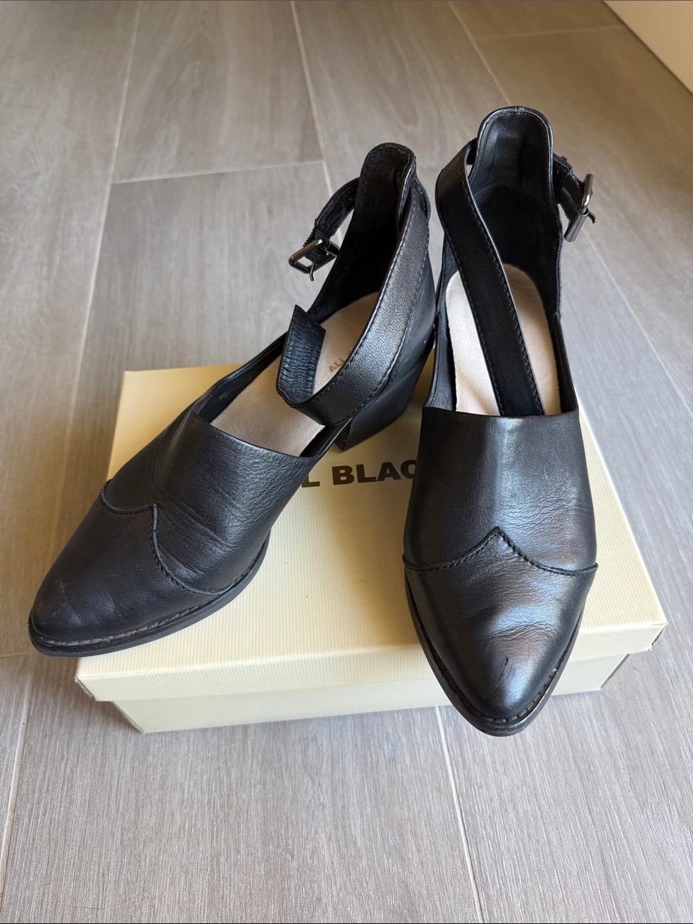 ALL BLACK Black Leather Women's Pointed Open Boot Strapped Heels